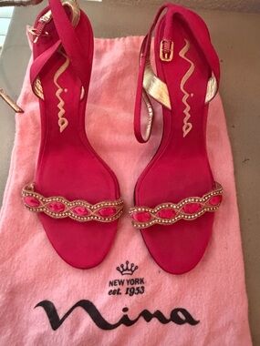 Nina Hot Pink Jeweled Open-Toe Ankle-Strap Heels